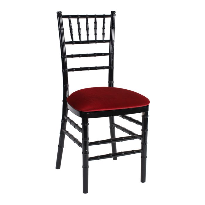 Rent the Black Chiavari Chair with Red Velvet CORT Party Rental