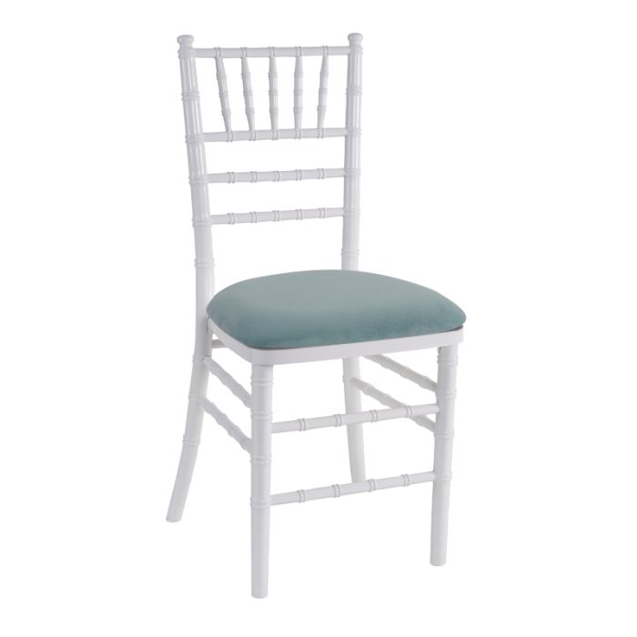 Rent the White Chiavari Chair with Ice Blue Suede CORT Party Rental
